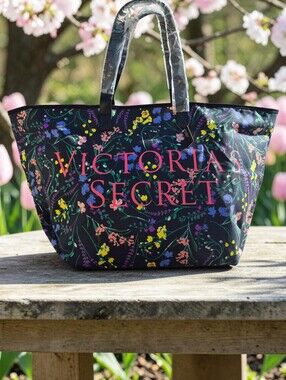 Victoria's Secret Black Floral Canvas  Logo Tote